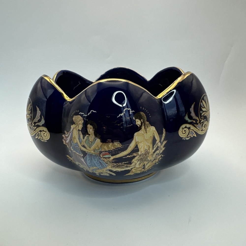 Cobalt blue jardiniere planter bowl Portrait‎ Greek Vase Scene 5.5" x 3"